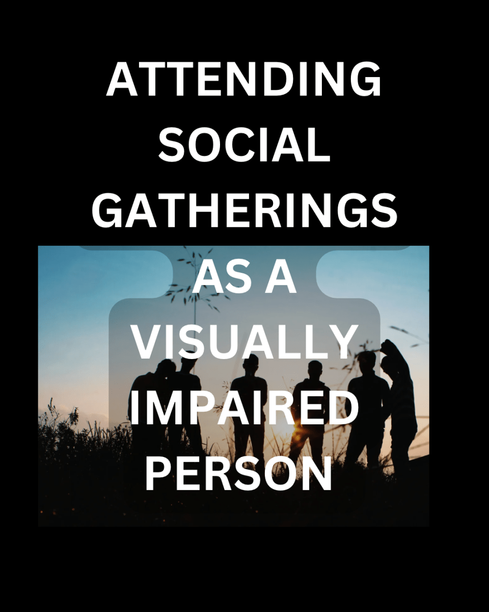 A silhouette of a group of people gathered outdoors. The words attending social gatherings as a visually impaired person appear in white over the image.