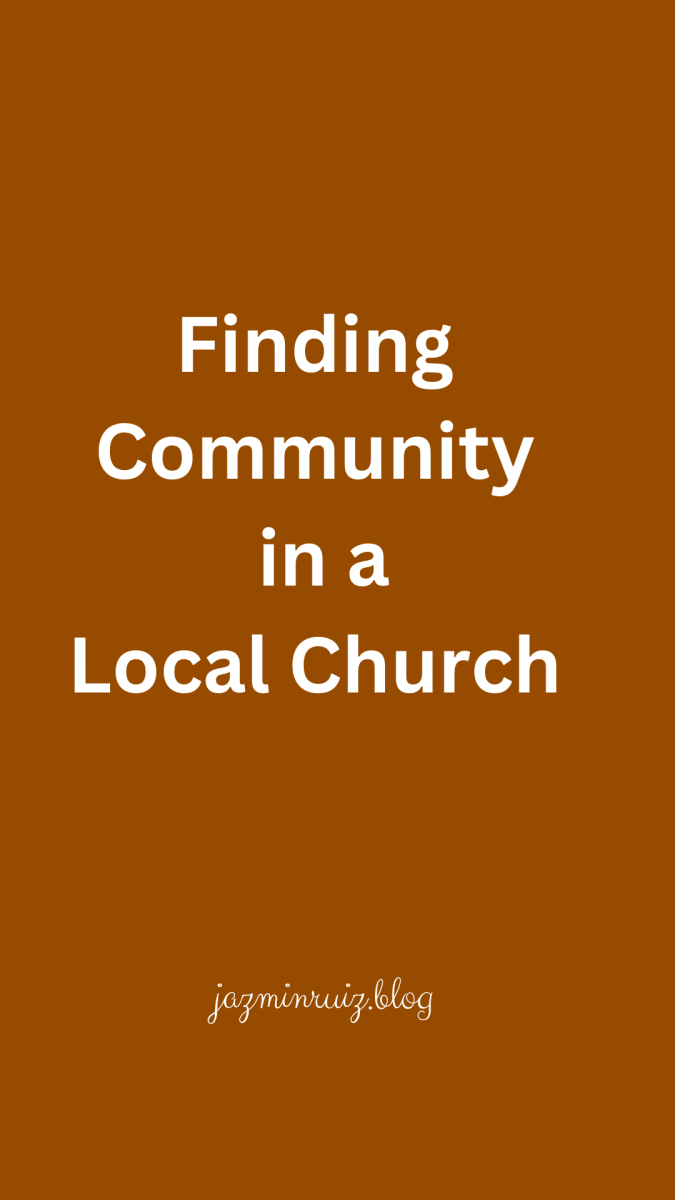 Text reads finding community in a local church.
 The website address jazminruizblog.blog is below the text. Text is white on a brown background.