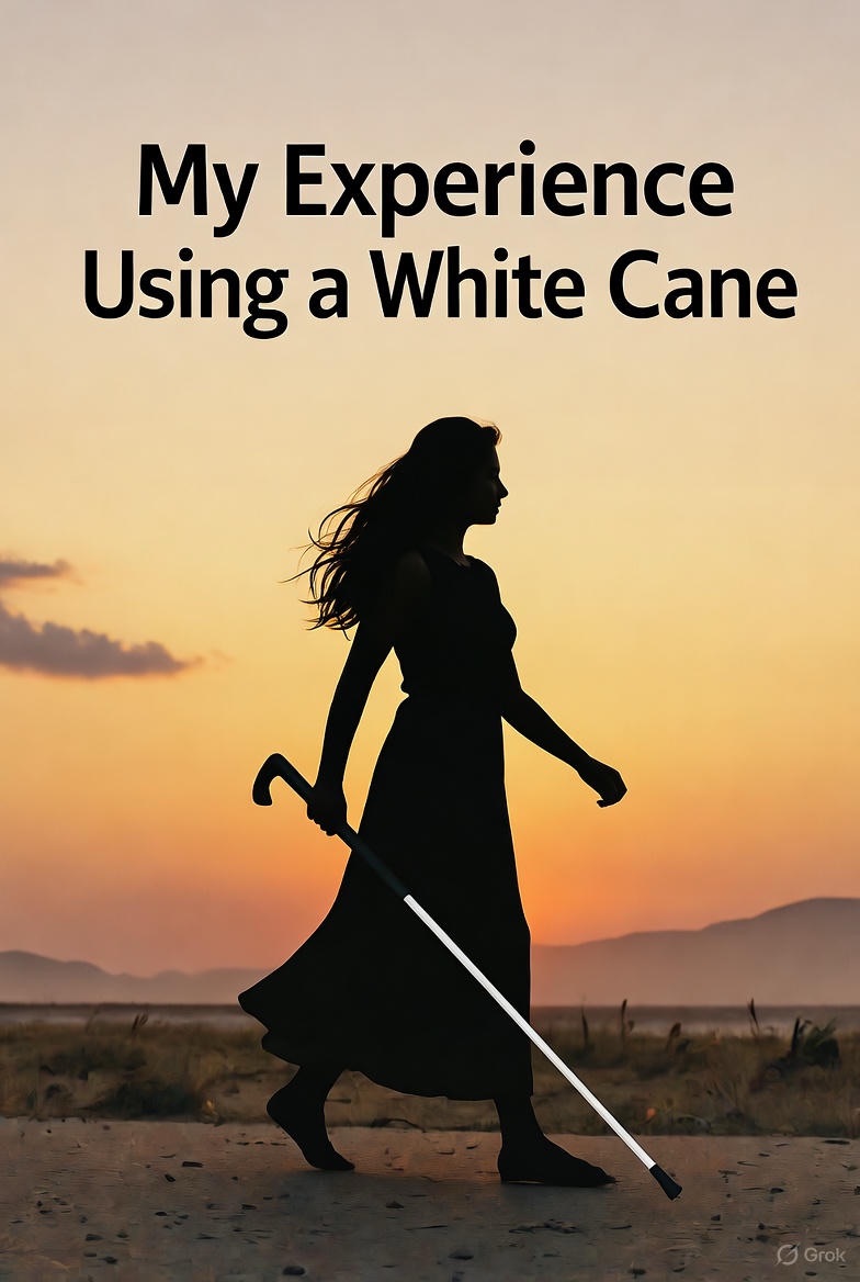 Silhouette of a woman walking with a white cane at sunset. The background shows an open landscape with some distant hills and a gentle gradient sky transitioning from orange to pale yellow. At the top of the image, there is large black text that says: My Experience Using a White Cane. The woman’s hair and dress are gently flowing, suggesting a breeze.