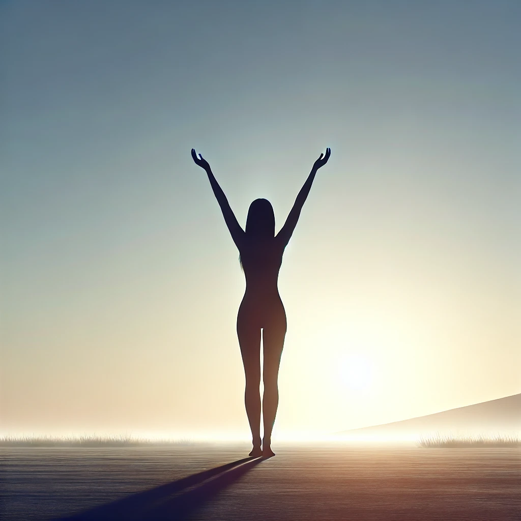 Silhouette of a person standing outdoors with arms raised high above their head. The sun is either rising or setting in the background, creating a soft glow and casting a long shadow in front of the person. The atmosphere feels peaceful and uplifting, with the sky gradually transitioning from brighter near the horizon to a deeper blue higher up. There are some details of grass along the ground, but the overall focus is on the solitary figure and the expansive sky.